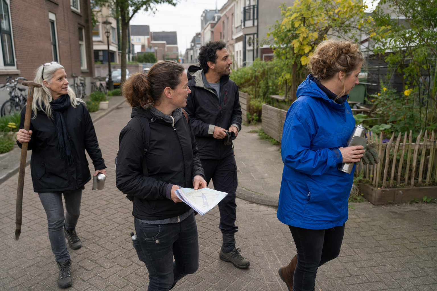 Vier buurtvrijwilligers lopen met een kaart en tuinhandschoenen door een woonstraat